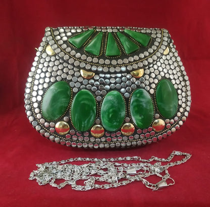 Silver Handmade Bohemian metal shell with Mosaic Tiles Statement Clutch.
