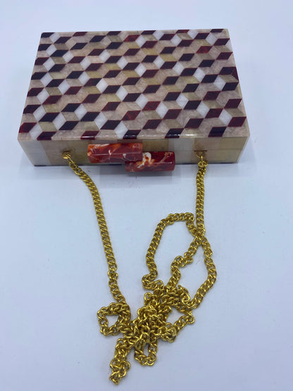 Handcrafted Geometric Champagne and Brown  Mother Of Pearl Clutch