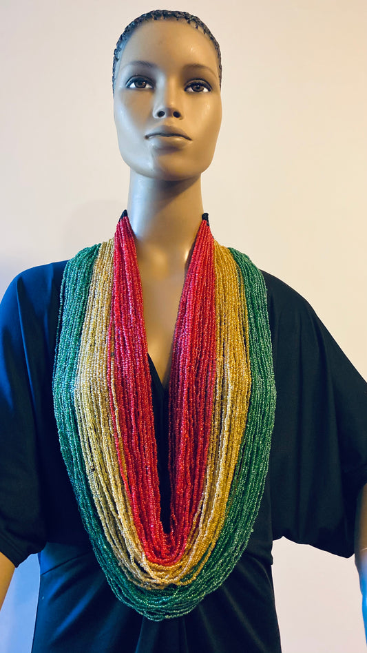 Red Gold and Green Long Layered Seed Bead Necklace