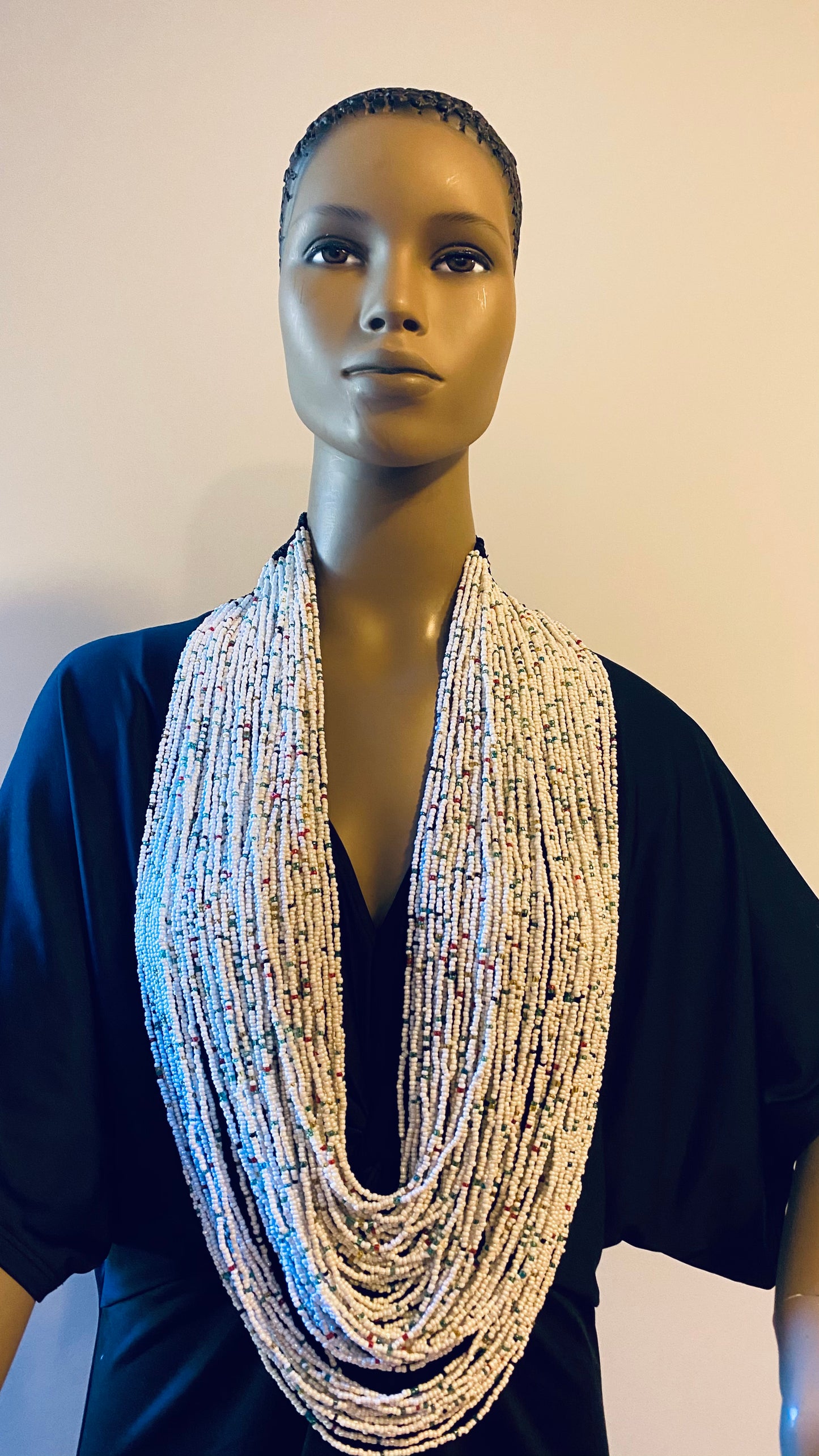 White with Multi Colors Long Layered Seed Bead Necklace