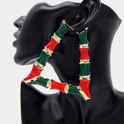 Enamel Metal Bamboo Trapezoid Hoop Earrings