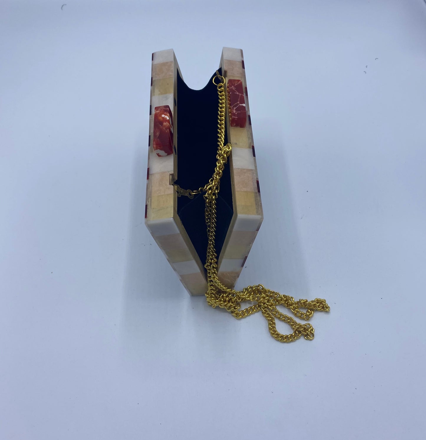 Handcrafted Geometric Champagne and Brown  Mother Of Pearl Clutch
