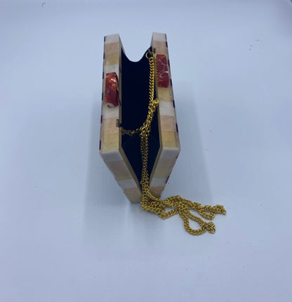 Handcrafted Geometric Champagne and Brown  Mother Of Pearl Clutch