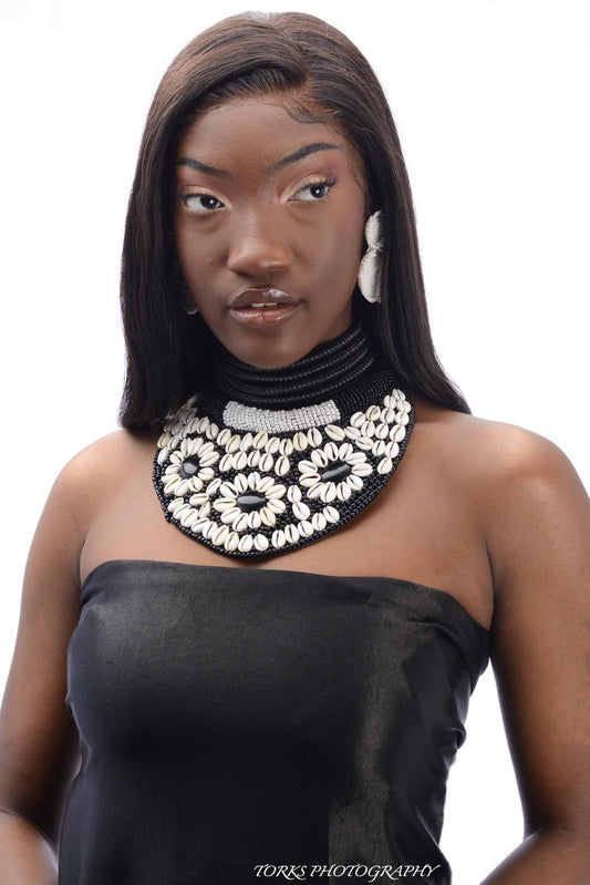 Black and White Bead and Cowrie Shell Bib Necklace Set