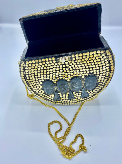 Round Gold Buttons with Black Stones Design Clutch