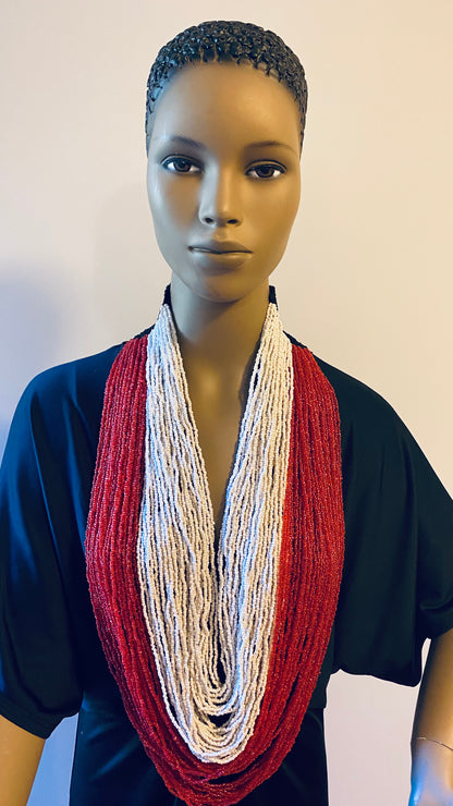 Red and White Long Layered Seed Bead Necklace