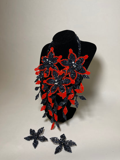 Red And Black  Sparkle Flowers with White Pearls Necklace Set