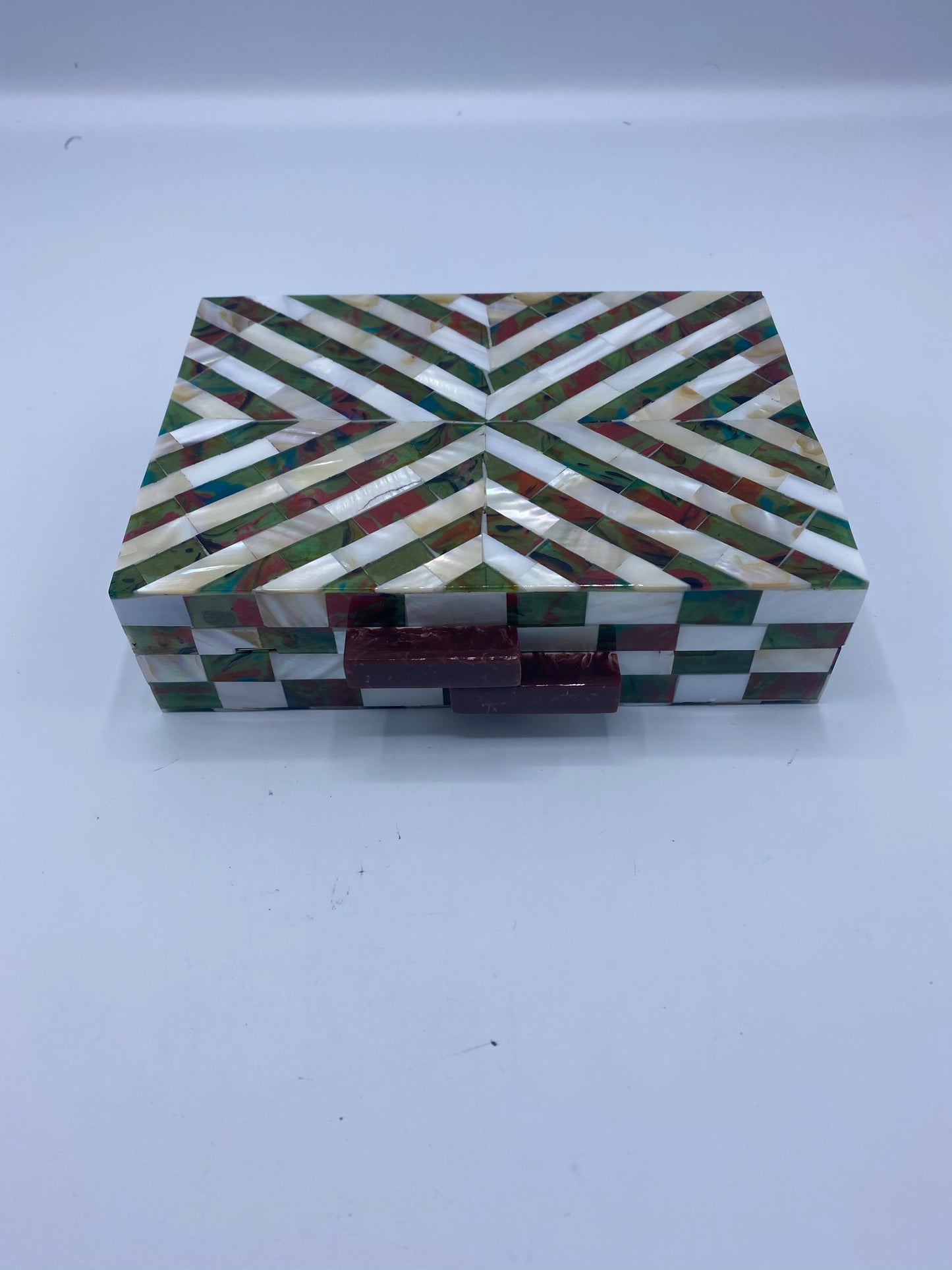 Handcrafted Chevron Green and White Mother Of Pearl Clutch