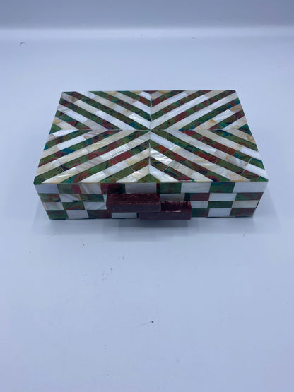 Handcrafted Chevron Green and White Mother Of Pearl Clutch