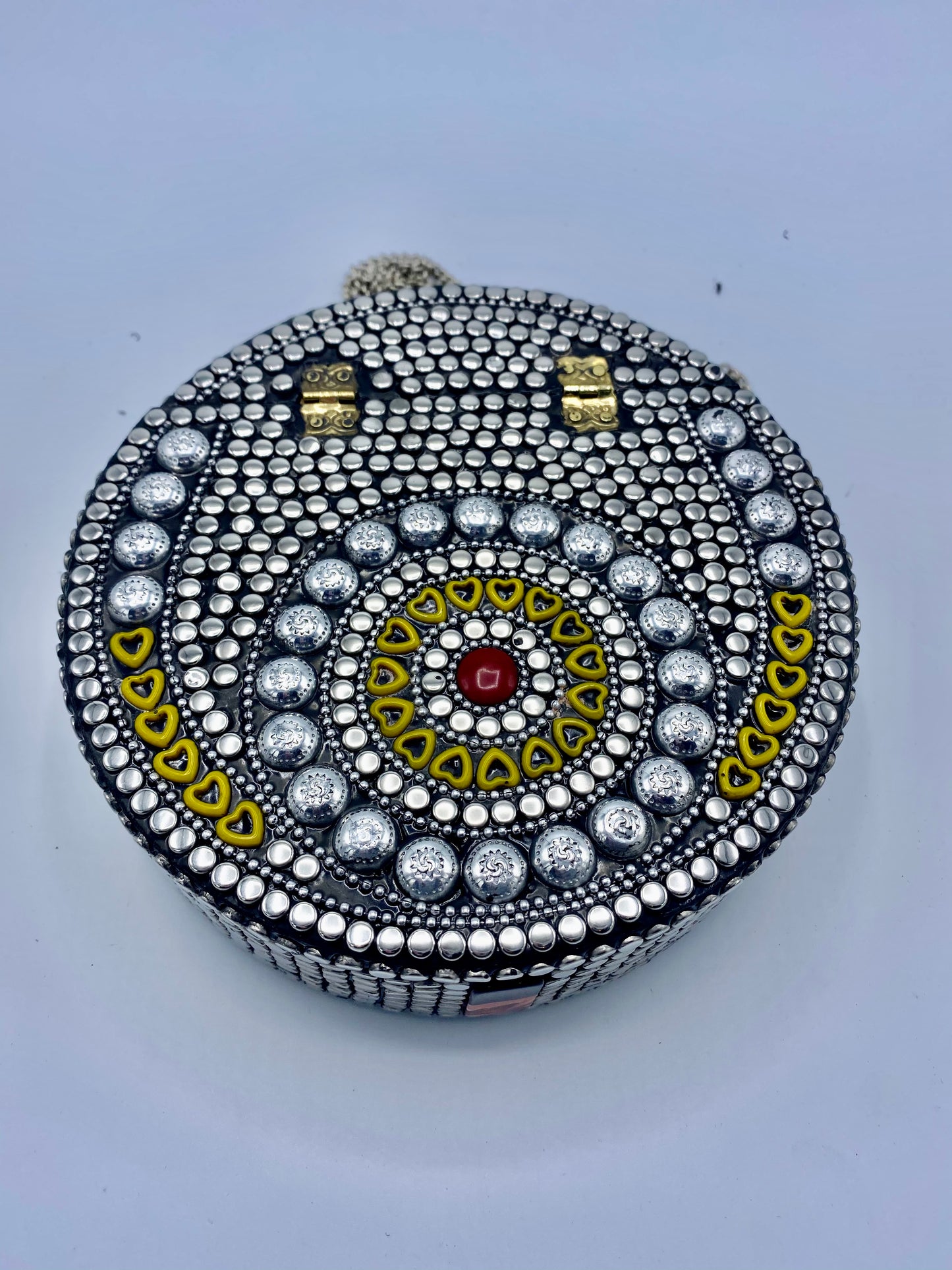 Round Silver Buttons With Yellow Heart Shapes Mosaic Clutch