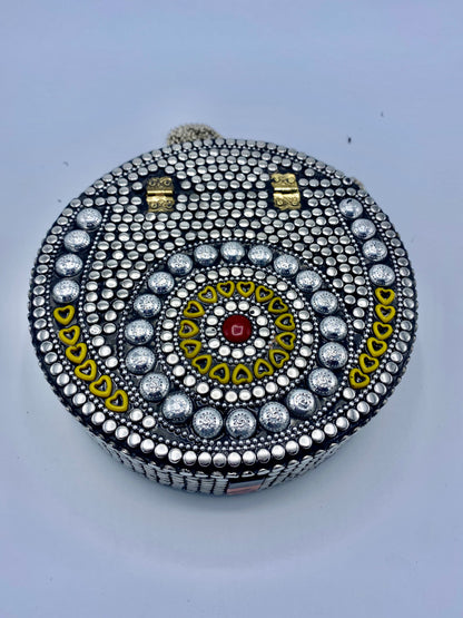 Round Silver Buttons With Yellow Heart Shapes Mosaic Clutch
