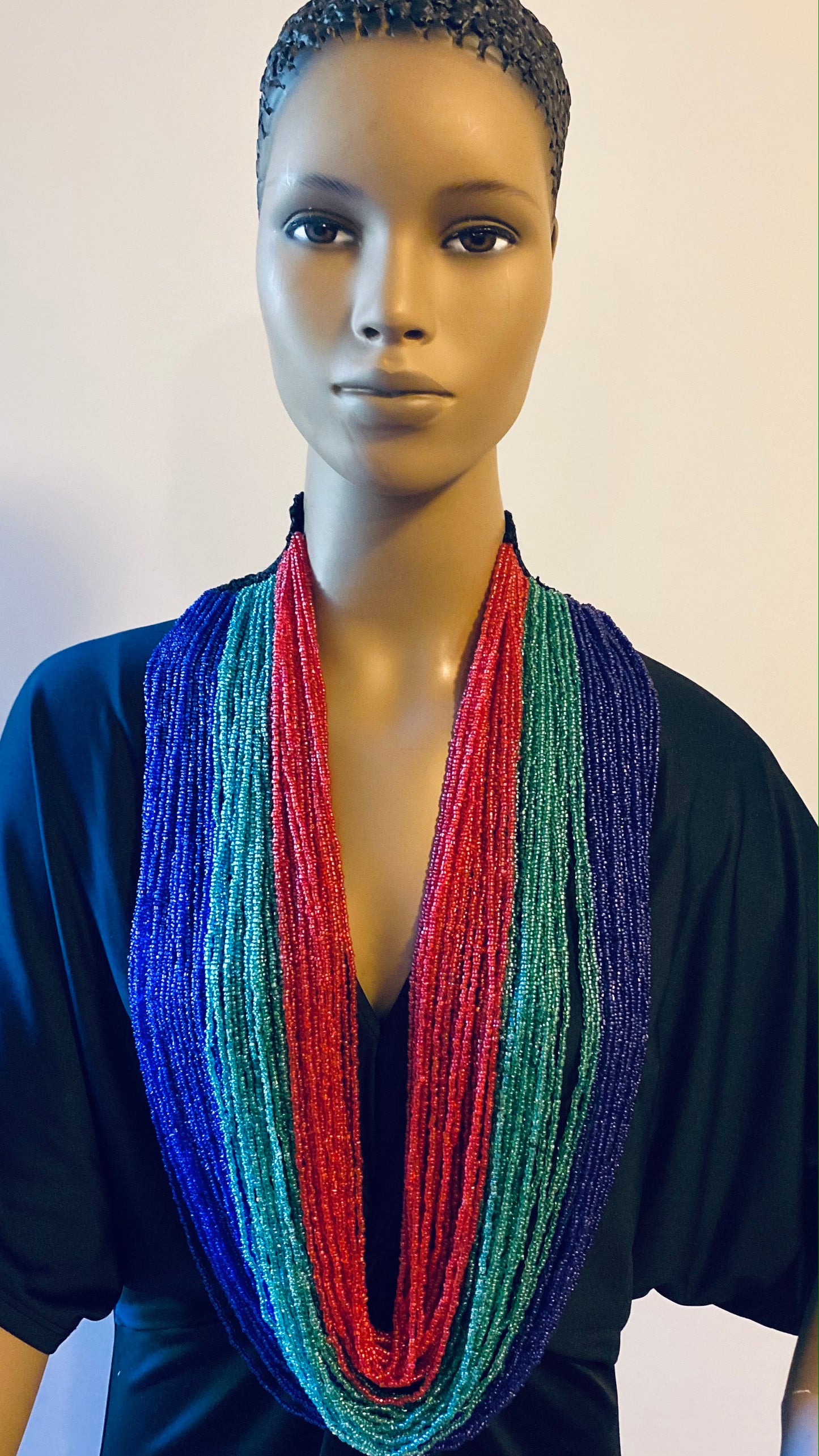 Light Green, Navy, and Red Long Layered Seed Bead Necklace