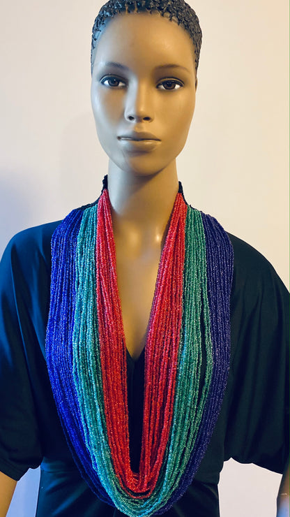 Light Green, Navy, and Red Long Layered Seed Bead Necklace
