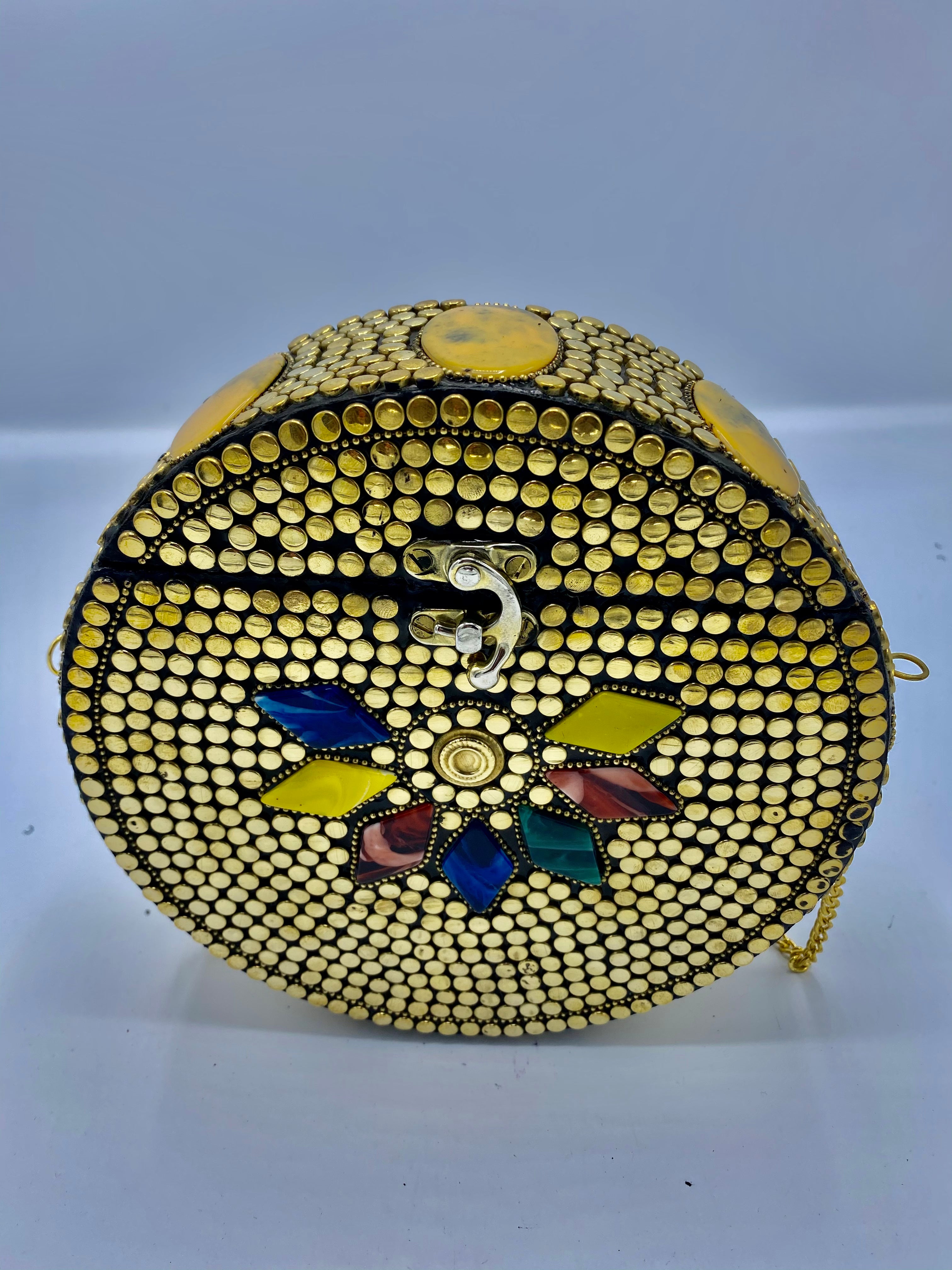 Round Gold Buttons with Multi Colors Flowery Ethnic Design Clutch