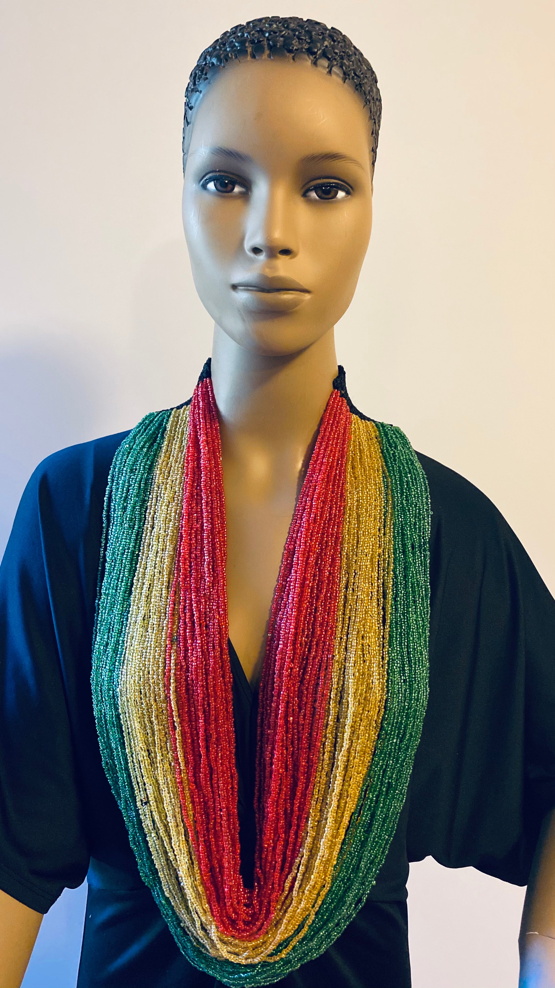 Red Gold and Green Long Layered Seed Bead Necklace