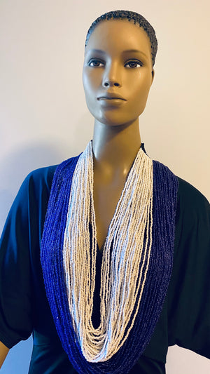 Blue and White Long Layered Seed Bead Necklace