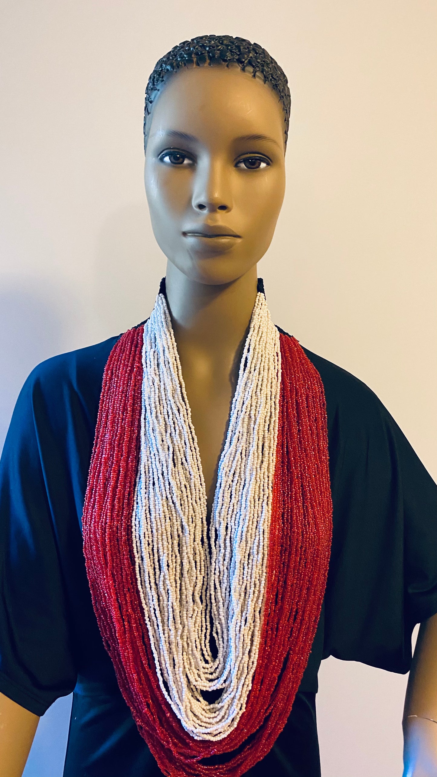 Red and White Long Layered Seed Bead Necklace