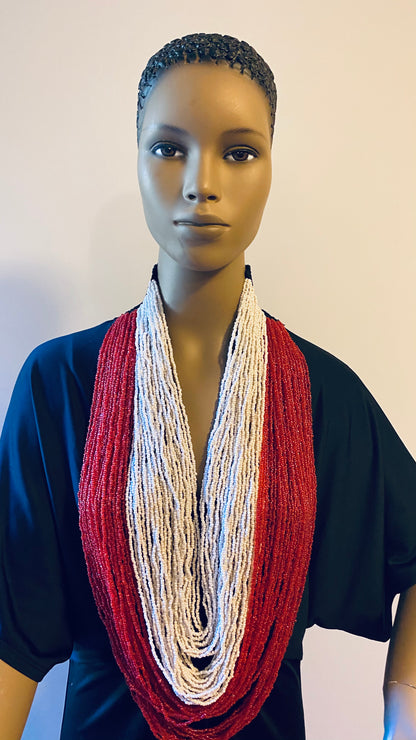 Red and White Long Layered Seed Bead Necklace