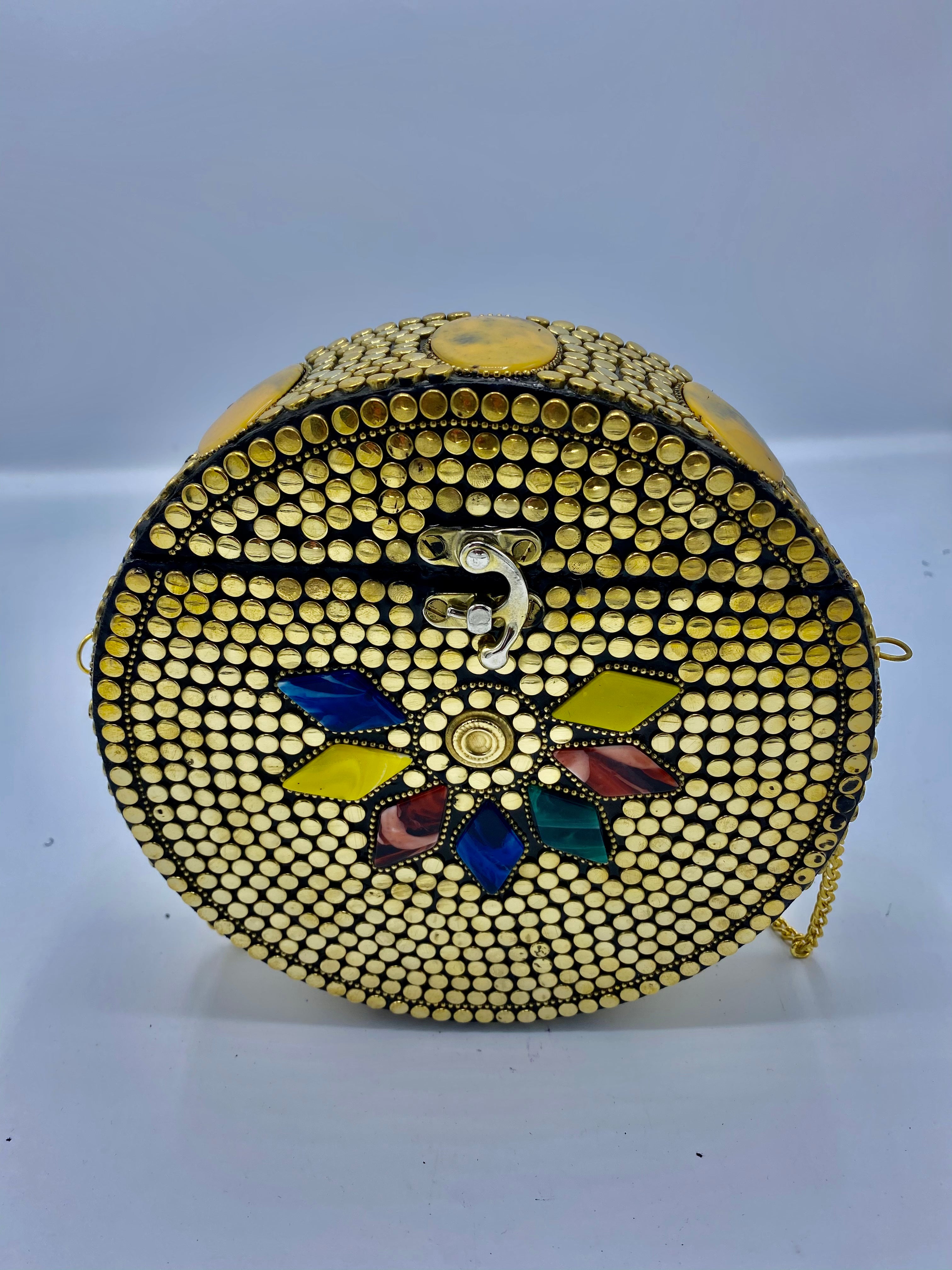 Round Gold Buttons with Multi Colors Flowery Ethnic Design Clutch