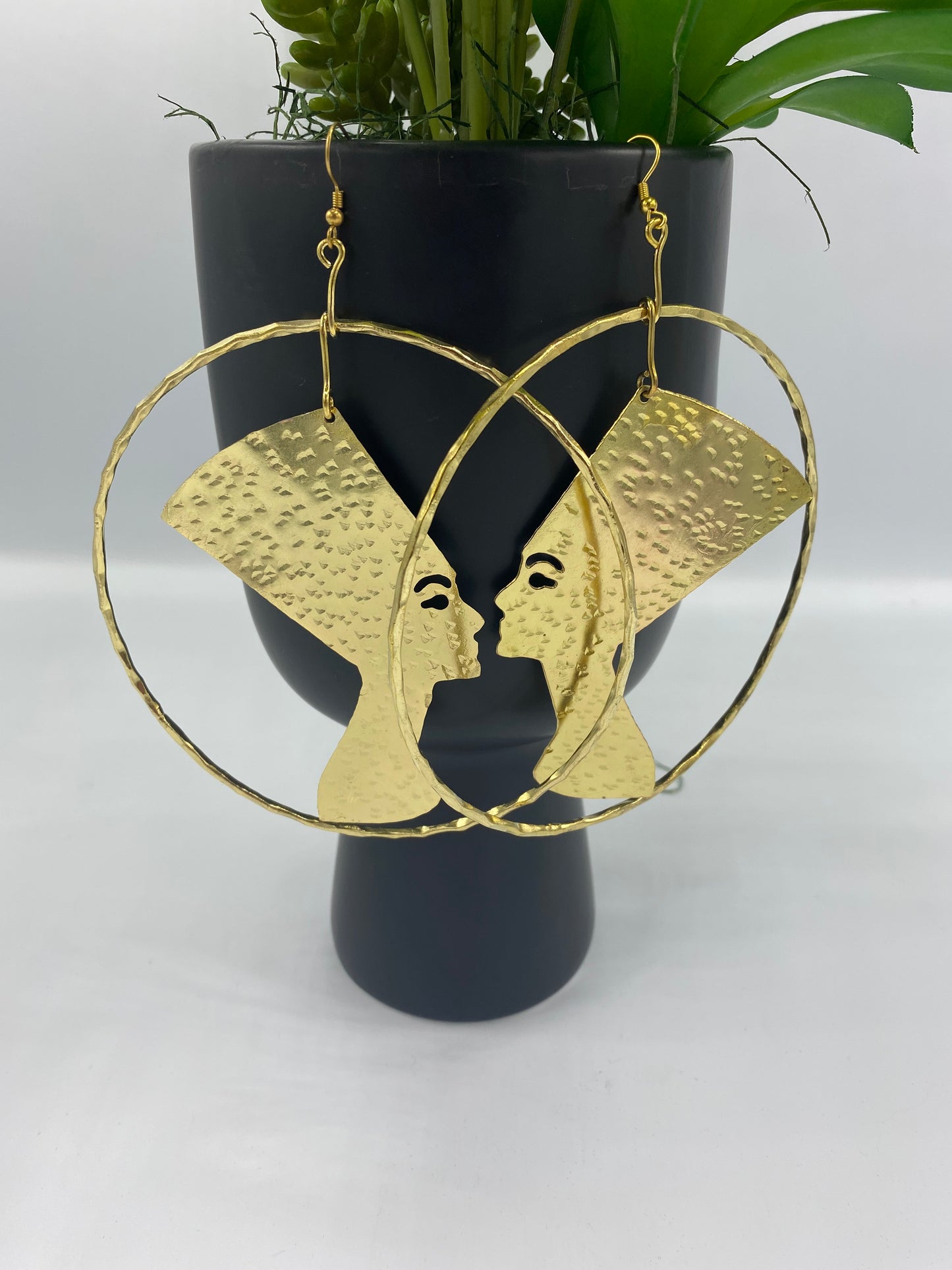 Extra Large Queen Nefertiti Brass Circle Earrings