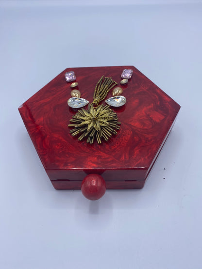 Handcrafted Red Hexagon  Resin with embellishment of pearls and stones Clutch