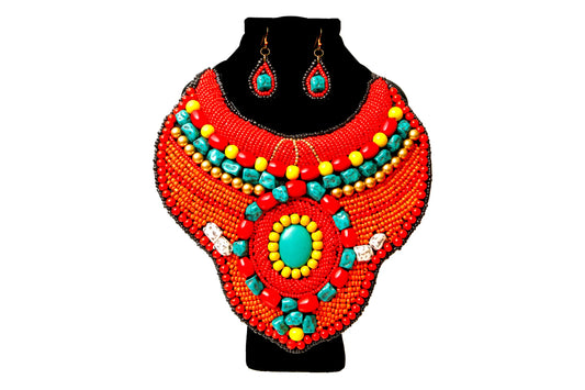 Red and Orange Bead Raised Collar Bib Necklace Set with Turquoise Stone Bead Detail