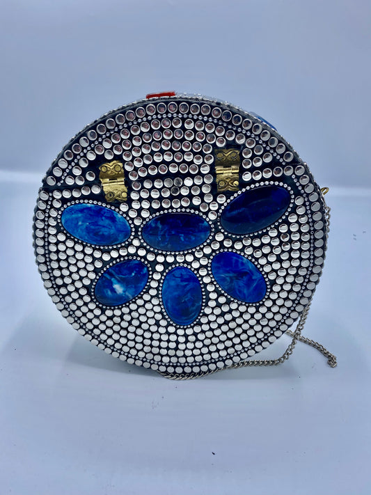 Round Silver Buttons with Blue Stones  Design Clutch