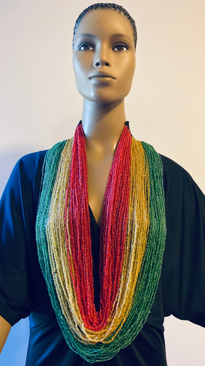Red Gold and Green Long Layered Seed Bead Necklace