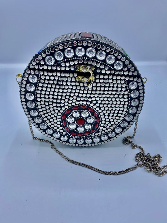 Round Silver Buttons with Red  Stones Design Clutch