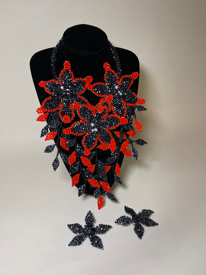Red And Black  Sparkle Flowers with White Pearls Necklace Set