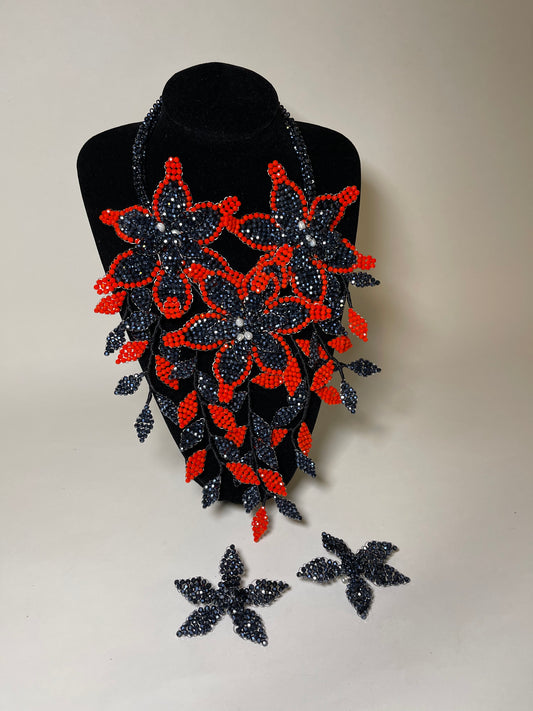 Red And Black  Sparkle Flowers with White Pearls Necklace Set