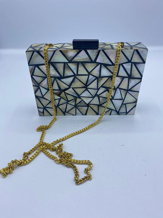 Handcrafted Prism Ivory and Black Mother Of Pearl Clutch