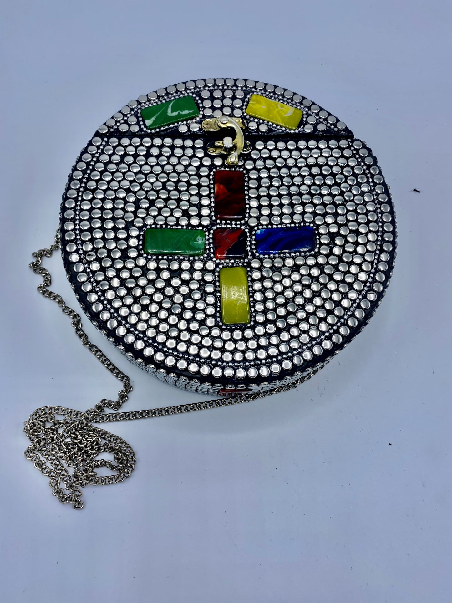 Round Silver Buttons with Cross Multi Colors Stones Design Clutch