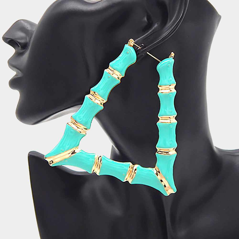 Enamel Metal Bamboo Trapezoid Hoop Earrings