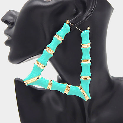 Enamel Metal Bamboo Trapezoid Hoop Earrings