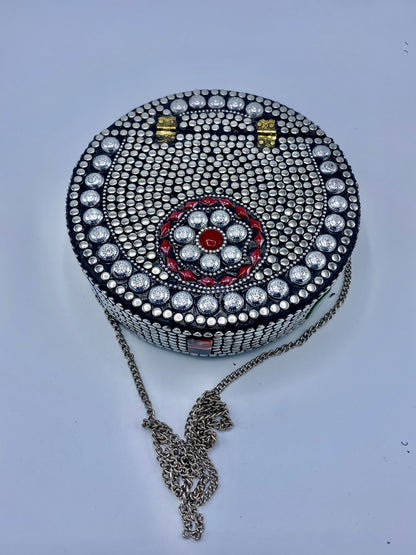 Round Silver Buttons with Red  Stones Design Clutch