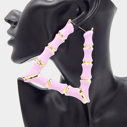 Enamel Metal Bamboo Trapezoid Hoop Earrings