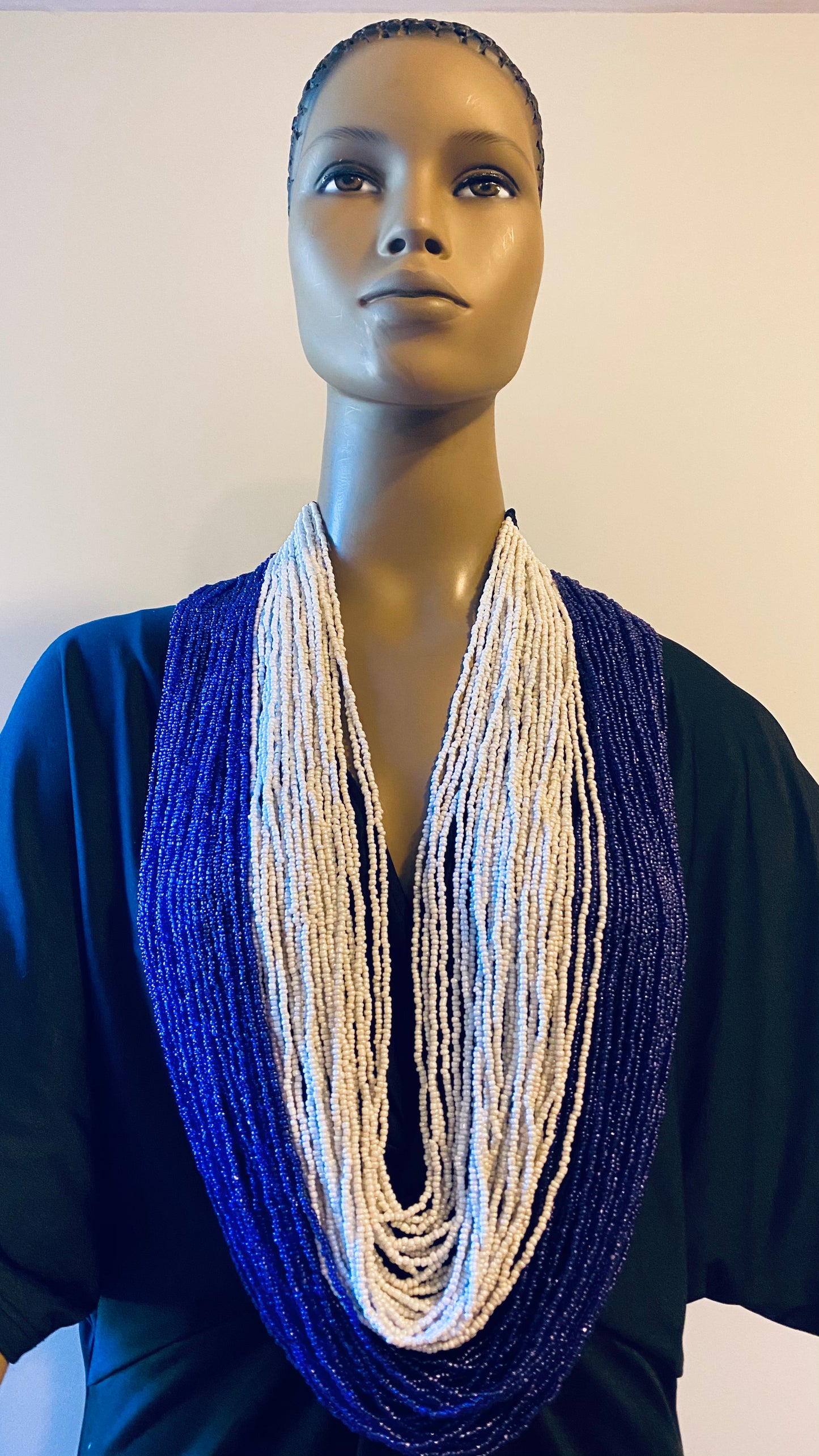 Blue and White Long Layered Seed Bead Necklace