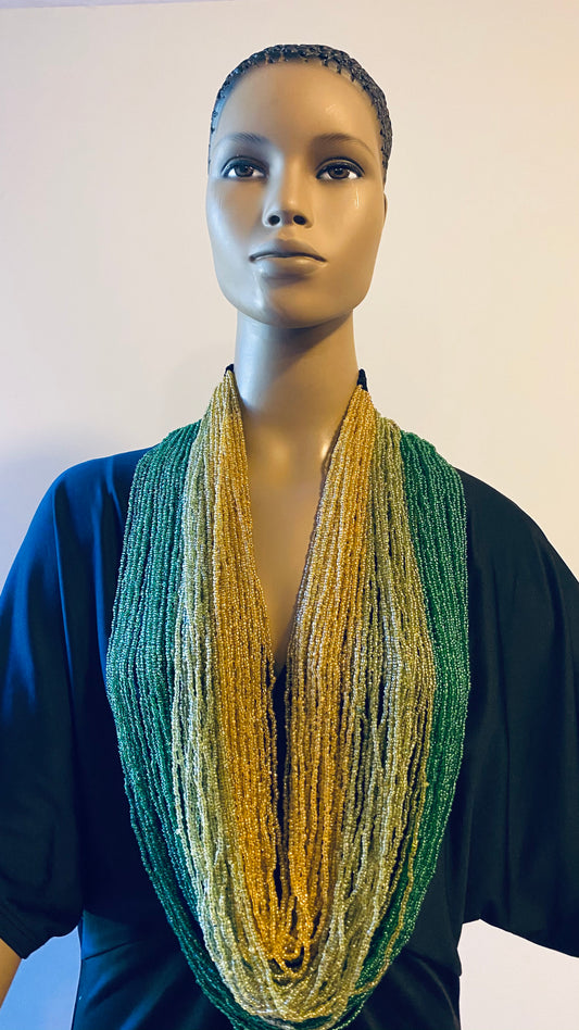 Green, Lime Green and Gold Long Layered Seed Bead Necklace.