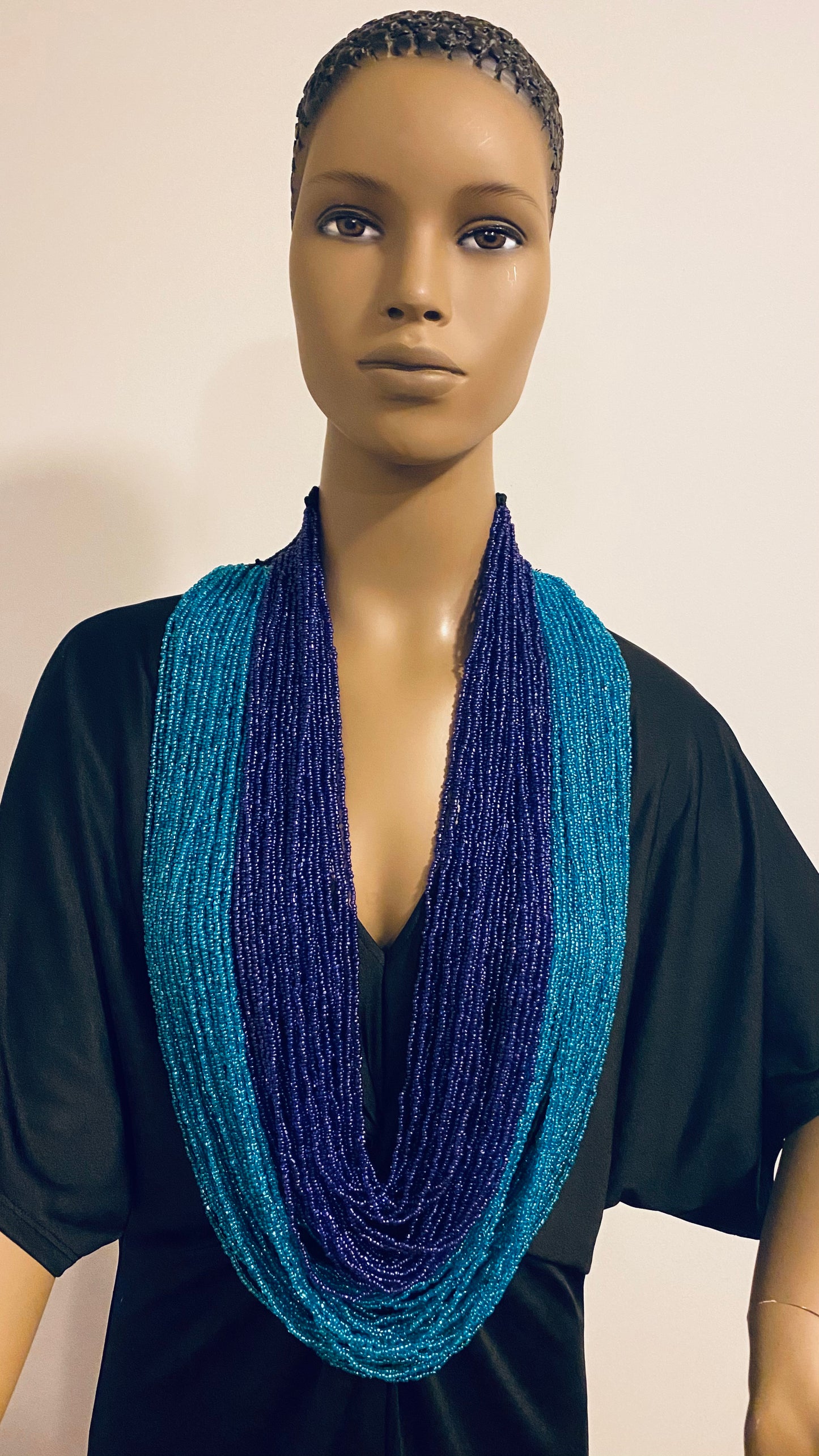 Navy And Blue Long Layered Seed Bead Necklace