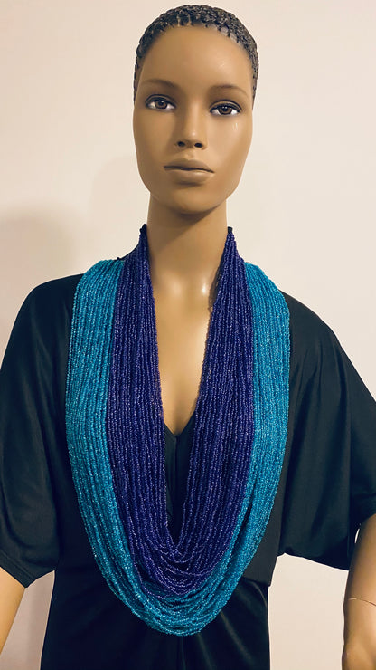 Navy And Blue Long Layered Seed Bead Necklace