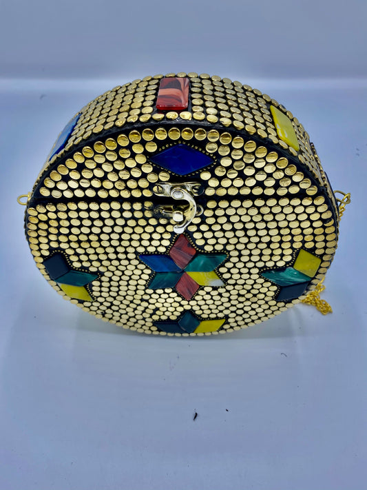 Round Golden Buttons with Multi Color Stars Design  Stones clutch