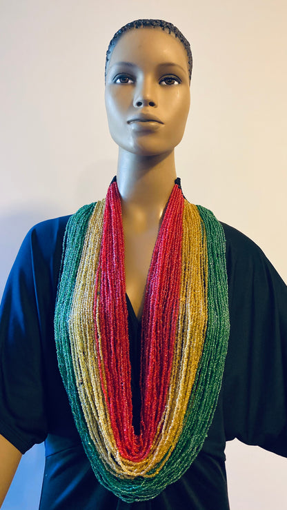 Red Gold and Green Long Layered Seed Bead Necklace