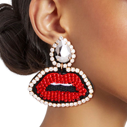 Crystal Teardrop Beaded Embroidery Lips Earrings