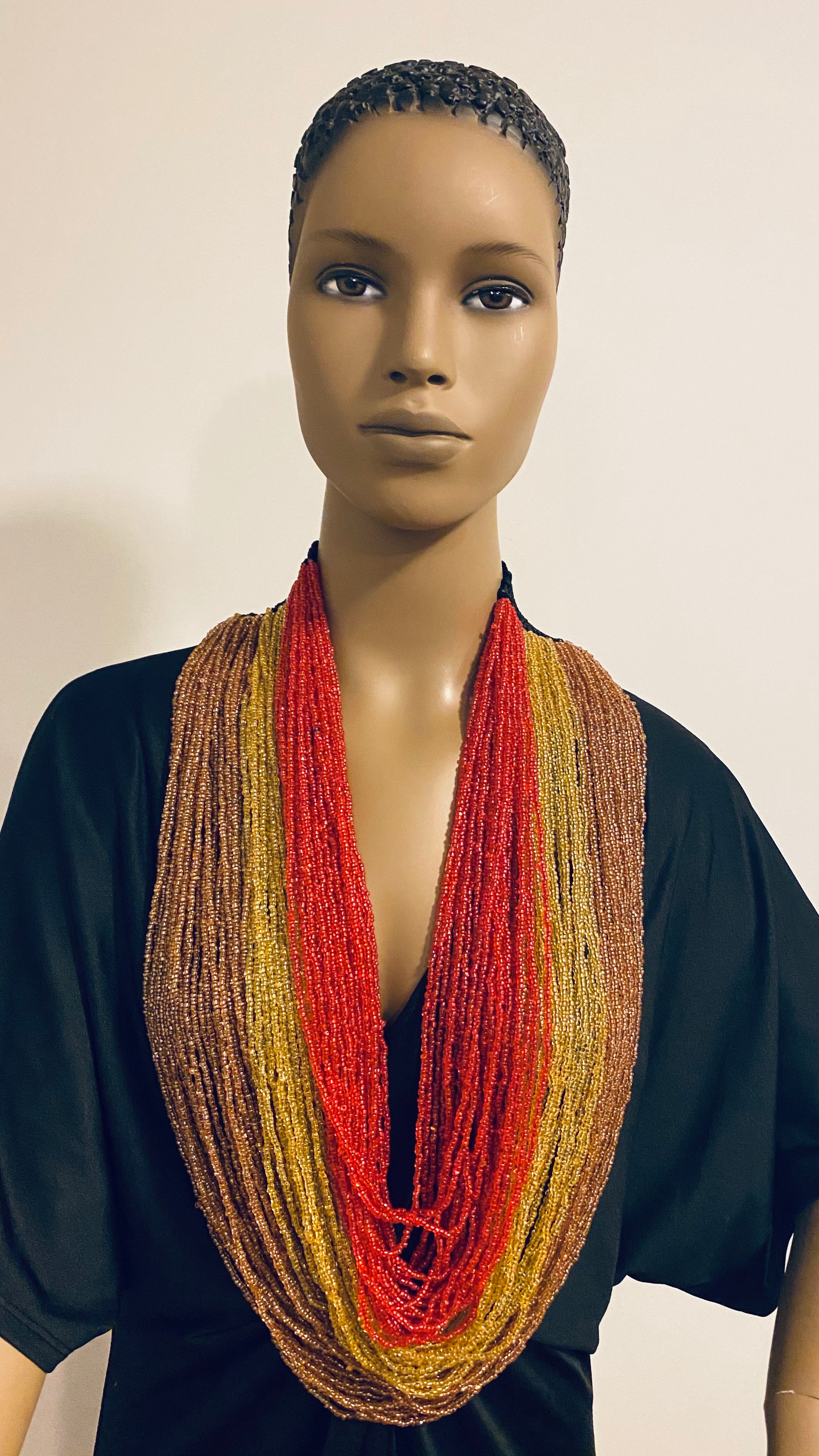Orange Yellow and Red Long Layered Seed Bead Necklace