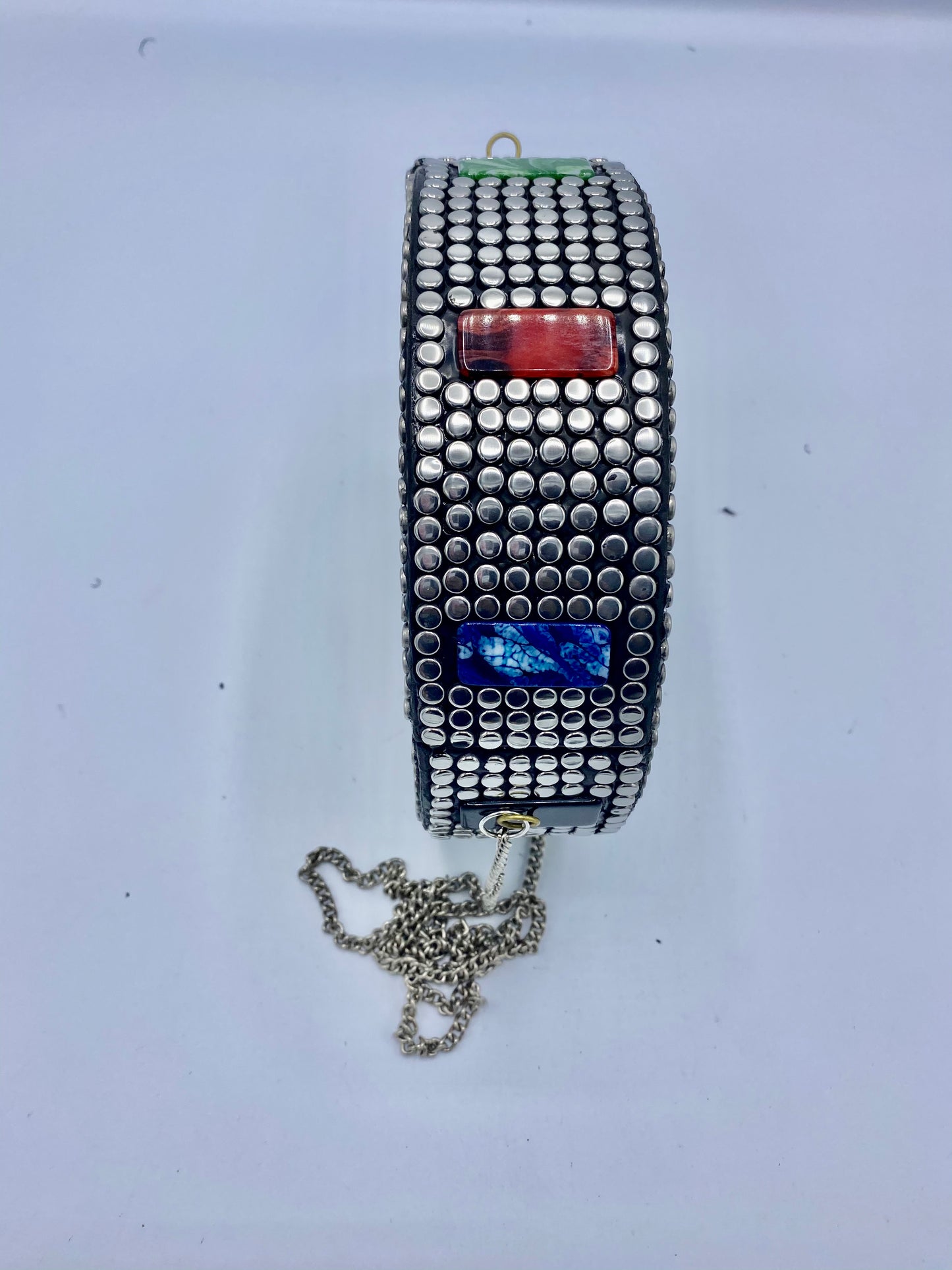 Round Silver Buttons with Cross Multi Colors Stones Design Clutch