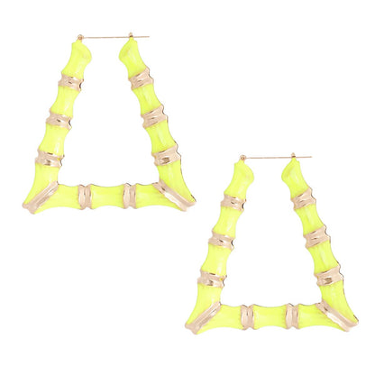 Enamel Metal Bamboo Trapezoid Hoop Earrings