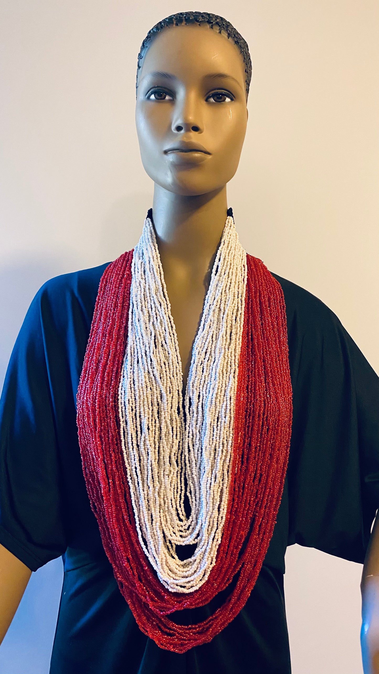 Red and White Long Layered Seed Bead Necklace
