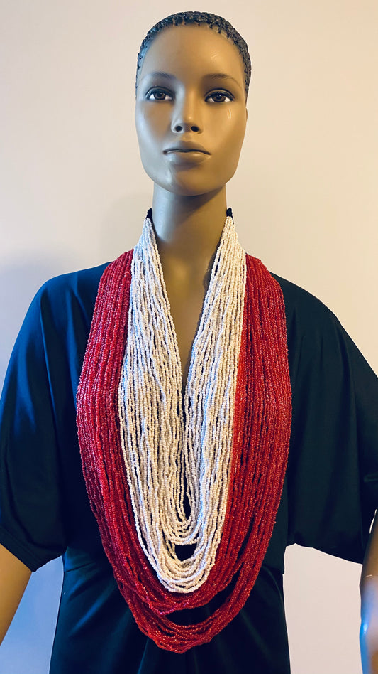 Red and White Long Layered Seed Bead Necklace