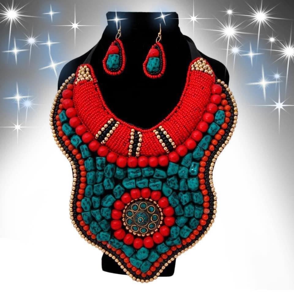 Multi Color Bead and Stone Raised Collar Bib Necklace Set